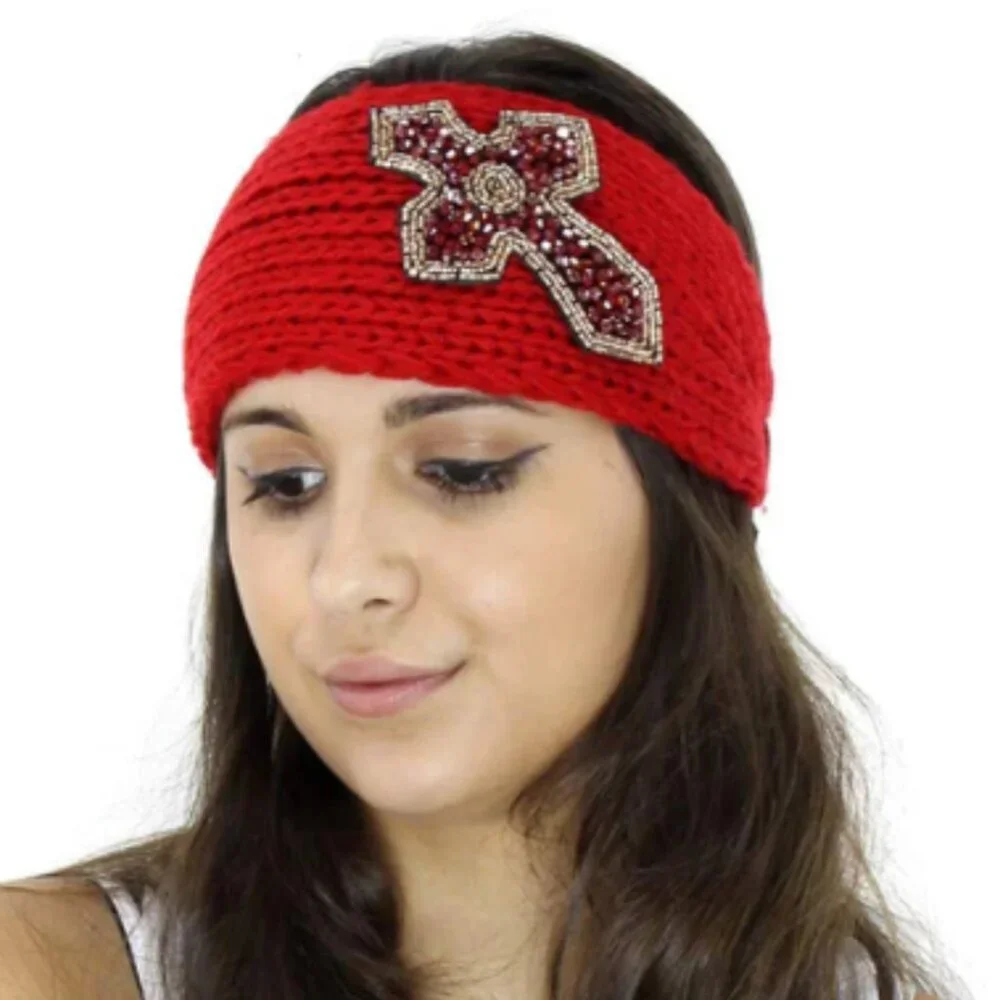 VERY MODA Red Knit Sequin Cross‎ Embellished Headband One Size NWT